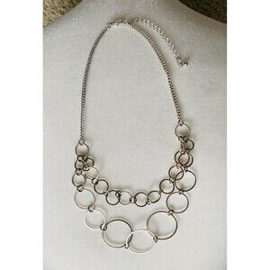 Silver Tone Double Strand Necklace Hoops Circles Link Chain 15.5 Inch-18.5 Inch